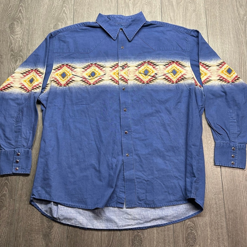 Vintage Wrangler Western Shirt XL Blue Aztec Geometric Diamond Print Mens